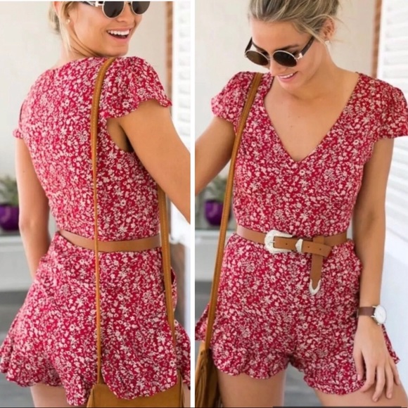 🆕️ Mura: Lost Muse Red Romper with Tan Floral Print. Cott-Poly Underlined. MED. - Picture 11 of 13